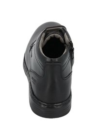 Schwarze Leder-Stiefelette mit strukturiertem Finish, gepolstertem Schaft, seitlichem Reißverschluss und kontrastierender grauer Innenausstattung.