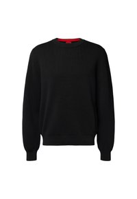 Schwarzer Pullover mit strukturiertem Strickdesign, Rundhalsausschnitt sowie gerippten Bündchen und Saum. Roter Akzent am Ausschnitt. Dezentes Branding-Detail.