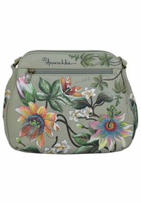 Helle grüne Leder-Crossbody-Tasche mit bunten Blumen- und Schmetterlingsmotiven, einem Reißverschluss oben und einer äußeren Reißverschlusstasche.