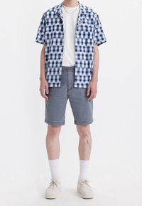 Chemise à manches courtes à carreaux bleus et blancs, t-shirt blanc, shorts gris, chaussettes blanches et chaussures claires, se tenant devant un fond blanc.