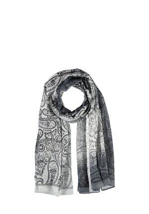 Jasnoszary szal z misternymi czarnymi wzorami paisley i kwiatowymi, luźno złożony z centralną pętlą i wiszącymi końcami.