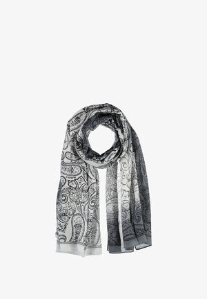 Jasnoszary szal z misternymi czarnymi wzorami paisley i kwiatowymi, luźno złożony z centralną pętlą i wiszącymi końcami.