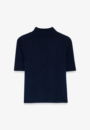 Tummansininen lyhythihainen korkeakaula-aukko villapaita, jossa on ribbikudos. Sisältää istuvan vartalon ja leveän ribbikauluksen sekä helmassa.