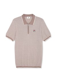 Polo a maniche corte in maglia di colore marrone chiaro, con colletto zip, rifiniture bianche e piccolo logo sul petto. Tessuto morbido e testurizzato.