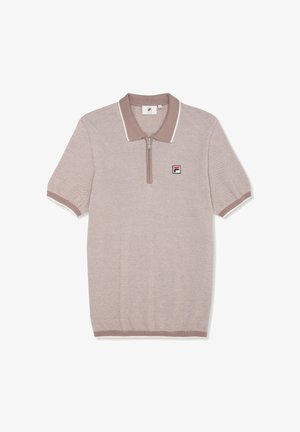 Kurzärmeliges Strickpolohemd in Hellbraun mit einem Reißverschlusskragen, weißem Saum und kleinem Logo auf der Brust. Weicher, strukturierten Stoff.