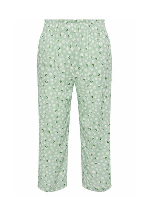 Hellgrüne verkürzte Hosen mit elastischem Bund, mit einem Muster aus weißen Gänseblümchen und grünen Blättern.