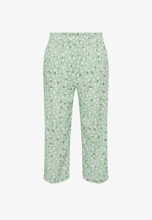 Pantalones cortos de color verde claro con cintura elástica, con un estampado de margaritas blancas y hojas verdes.