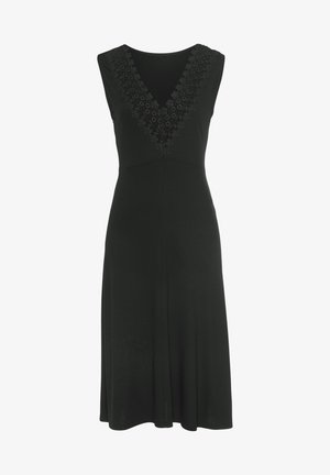 Zwart jurkje met een aansluitende body, V-halslijn en bloemendessin langs de halslijn. Uitlopende rok met een gladde, zachte textuur.