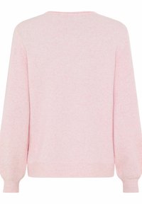 Rosa gestrickter Pullover mit langen, leicht gepufften Ärmeln, gerippten Bündchen und Saum, der eine weiche, melierte Textur aufweist.