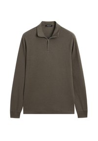 Langarm-Pullover in dunkelolivgrün, mit einem halben Reißverschluss am Kragen, glatter Textur und gerippten Manschetten und Saum. Einfaches Design ohne Muster.