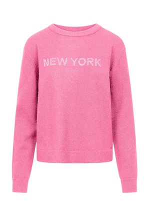 Roze trui met lange mouwen, ribbels aan de manchetten en onderkant, met de tekst "NEW YORK" in het wit op de borst.