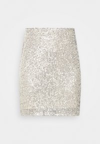 Pärlad mini kjol i krämfärg, prydd med vertikala silverpärlor med en mjuk yta. Fitted design med hög midja.