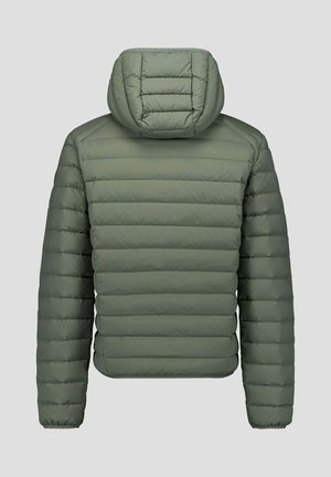 Veste matelassée verte avec capuche, présentant des lignes matelassées pour l'isolation, une texture lisse et des poignets élastiques, conçue pour la chaleur.