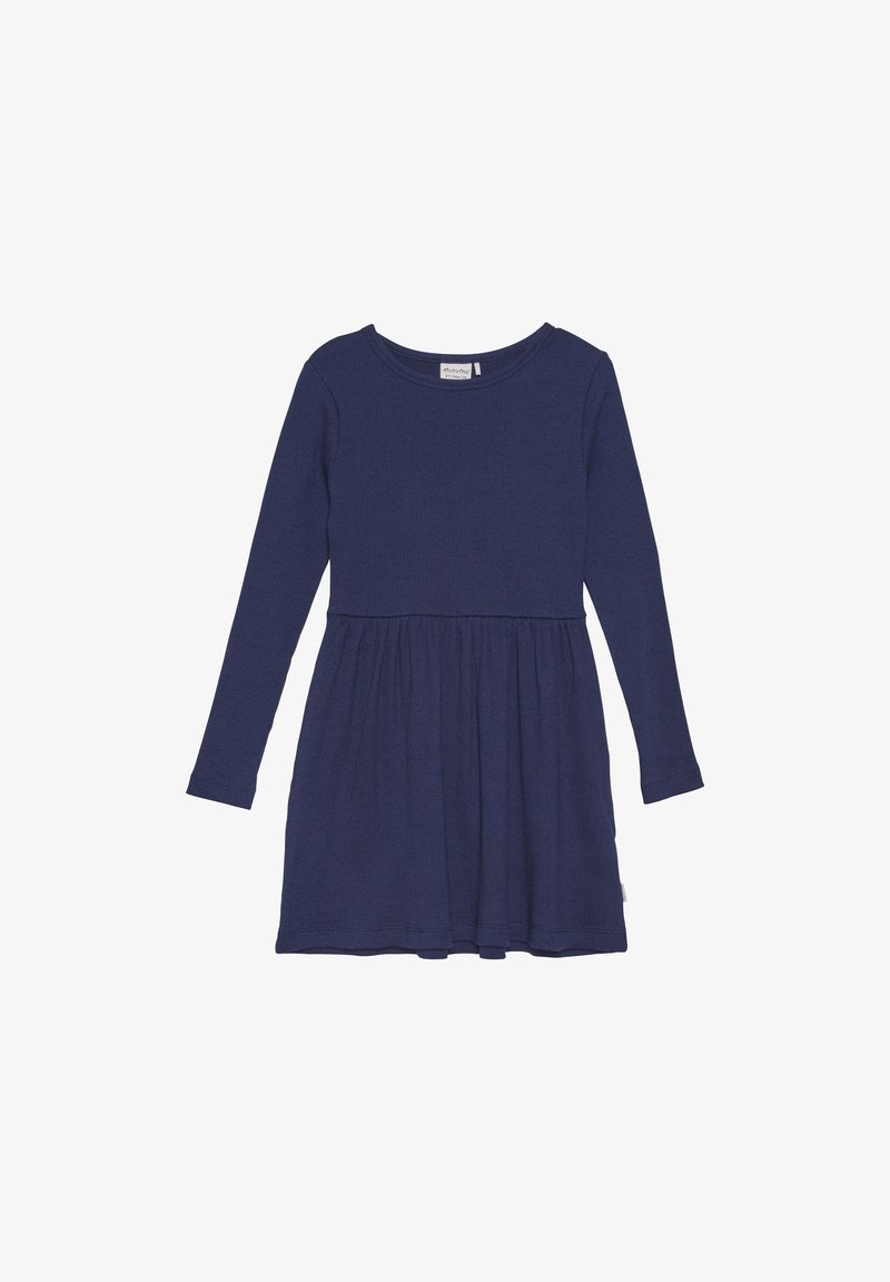Robe bleu marine à manches longues fabriquée en tissu tricoté, avec un corsage ajusté et une jupe évasée, dotée d'un col arrondi et d'une taille légèrement froncée.