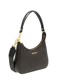 Czarna torebka z fakturowanej skóry z złotym zamkiem błyskawicznym, złotym logo "BOGNER" oraz regulowanym materiałowym paskiem ze złotymi elementami.