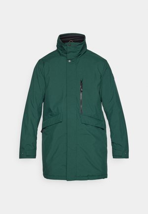 Roheline veekindel parka kõrge kaelusega, ees nupuga sulgemine, lukuga taskud, kaks küljetaskut ja sirge lõikega. Sile kangas, ilma mustriteta.