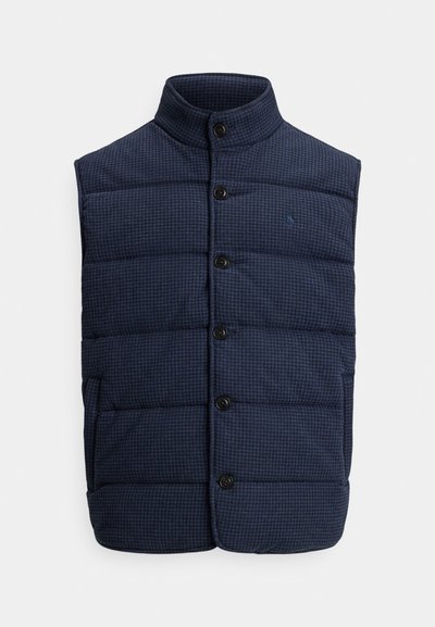 Navy puffer vest with a textured houndstooth pattern, high collar, six black buttons, and side pockets.