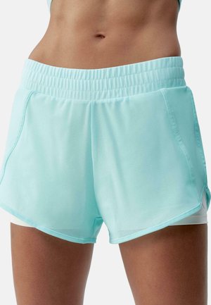 Aqua blue athletic shorts with a stretchy waistband, side pockets, and a loose fit. Made from lightweight, breathable fabric.