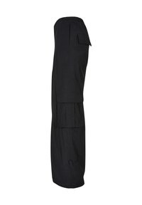 Black wide-leg cargo pants with multiple flap pockets and an elastic waistband, shown from the side on a white background.