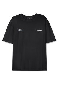 Sort bomulds T-shirt med rund hals, korte ærmer og to små broderede logoer: et i hvidt og et i blåt. Glat tekstur.