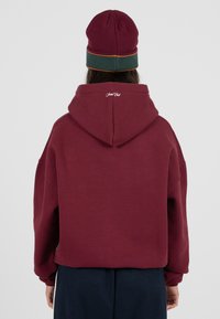 Burgundowa bluza z kapturem i luźnym krojem. Posiada małe białe logo na plecach, w zestawie z zieloną i bordową dzianinową czapką.