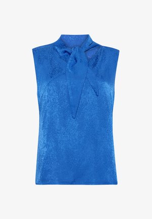 Blaue ärmellose Bluse mit hohem Kragen und einer vorderen Schleifendetail, gefertigt aus einem glatten, strukturierten Stoff mit einem dezenten Muster.