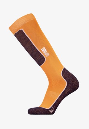 Orange ski sock with a dark purple lower section and light pink accent seams. Features reinforced toe and branding on the side.
