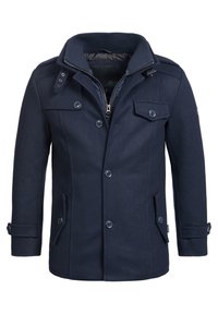 Navy blue wool coat with button and zipper closure, chest pocket with button flap, two front buttoned pockets, and collar with strap detail.