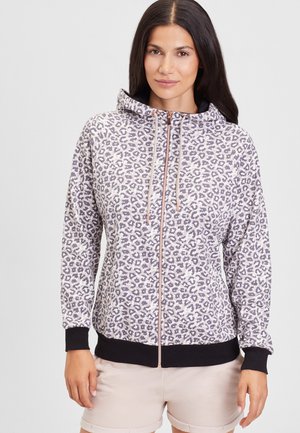 Leopard print hoodie in light gray with black accents. Features front zipper, drawstring hood, and ribbed cuffs and hem. Soft fabric texture.