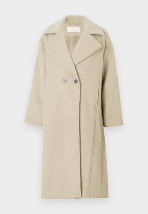 Beige ullblanding overcoat med spiss krage, dobbeltradete knapper og middels lange ermer. Glatt tekstur med rett snitt.