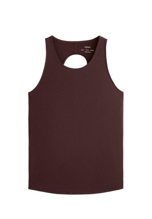 Top de culoare vișinie, confecționat dintr-un material elastic, cu o decupare rotundă în partea din spate și un design standard fără mâneci. Textură netedă, fără modele vizibile.