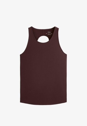 Bordowy top na ramiączkach wykonany z elastycznego materiału, z okrągłym wycięciem z tyłu oraz standardowym bezrękawnikowym krojem. Gładka tekstura, bez widocznych wzorów.