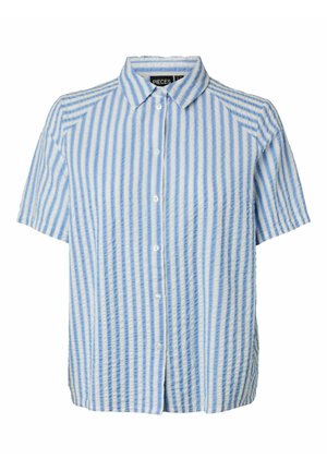 Kortermet skjorte med knapper og vertikale blå og hvite striper, med klassisk krage.