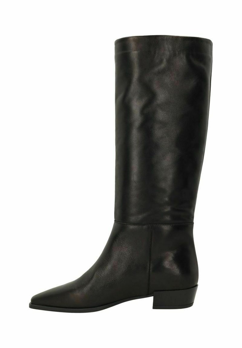 Bottes en cuir noir montantes avec un bout pointu, un talon bloc bas et une texture lisse, présentant un design simple et classique.