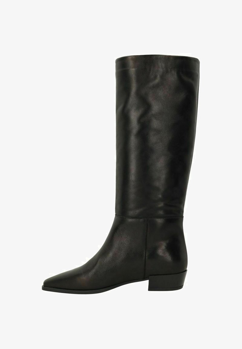 Bottes en cuir noir montantes avec un bout pointu, un talon bloc bas et une texture lisse, présentant un design simple et classique.