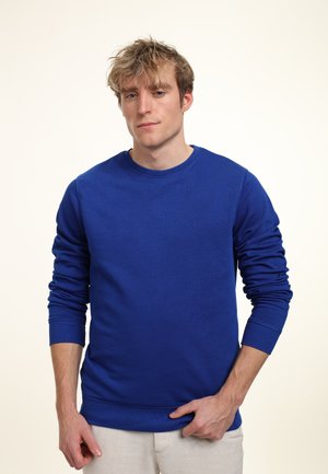 Blå sweatshirt med rund hals og lange ærmer, lavet af et struktureret stof. Har ribbede manchetter og kant. Sat mod en lys baggrund.