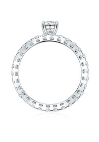 Silberring-Anhänger mit kreisförmigem Design. Besetzt mit rechteckigen und runden klaren Edelsteinen am äußeren Rand. Glatte Oberfläche, transparenter Mittelpunkt.