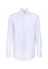 Lichtblauw herenoverhemd met lange mouwen, voorzien van een fijn ruitpatroon, knoopsluiting aan de voorkant, een enkele borstzak en een puntige kraag.