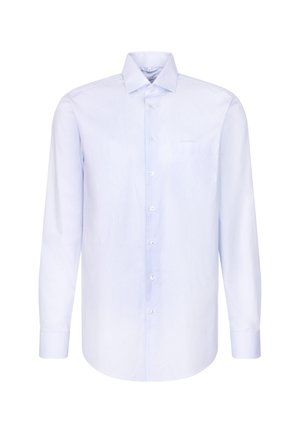 Helle blaue Herren Langarmhemd mit feinem karierten Muster, Knopfleiste, einer Brusttasche und spitzem Kragen.