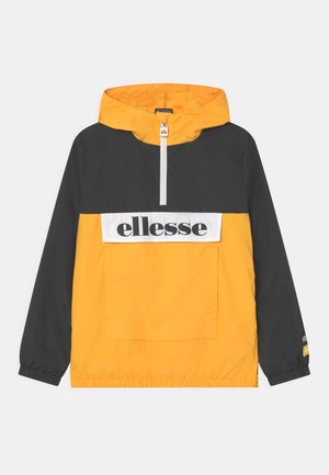 Veste à capuche jaune et noire avec fermeture éclair à l'avant et grande patte de poche blanche étiquetée "ellesse" sur la poitrine.