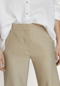 Pantaloni in lino beige con una texture liscia, dotati di una parte anteriore piatta, una leggera piega e una fascia in vita. Abbinati a una camicia bianca con bottoni.