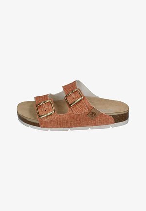 Open-toe slide sandal with a textured orange upper, two adjustable straps with gold buckles, and a cork midsole on a white outsole.