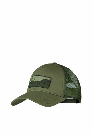 Olivgrüne Mesh-Trucker-Kappe mit gebogenem Schirm und Aufnäher mit Bergen und Sonne mit dem Text „Be More Now.“
