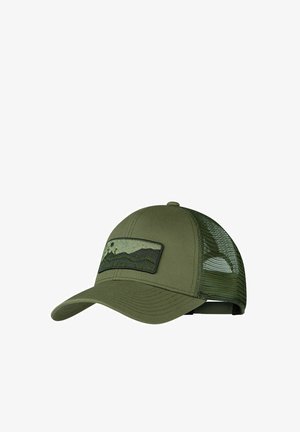 Olivgrüne Mesh-Trucker-Kappe mit gebogenem Schirm und Aufnäher mit Bergen und Sonne mit dem Text „Be More Now.“