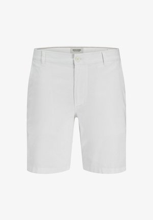 Hvide bomuldsshorts med knaplukning, bæltestropper og flad frontdesign. Glat tekstur og lige ben. Ideelle til afslappet brug.