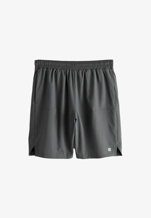 Pantaloni scurți de baie pentru bărbați; material ușor, gri, talie elastică, buzunare laterale și hem ventilat pentru confort și ușurință în mișcare.