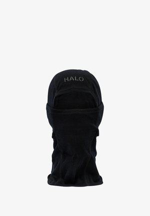 Zwarte balaclava van zachte stof, met gestikte details en een logo op het voorhoofd, ontworpen voor volledige bedekking van hoofd en nek.