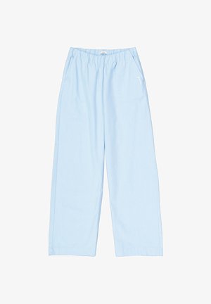Pantaloni a gamba larga azzurri con vita elasticizzata e tasche laterali, realizzati in tessuto morbido, stile casual e confortevole.