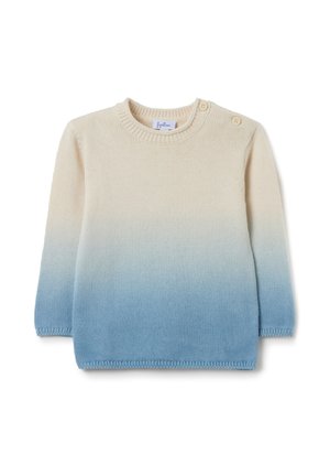 Lightweight knitted sweater with a cream to blue ombre design. Features a rounded neckline and two small buttons on the left shoulder.