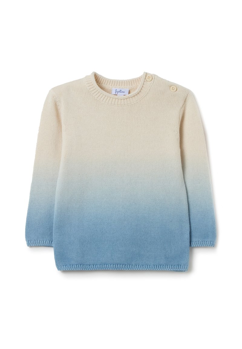 Leichtes Strickpullover mit einem cremefarbenen bis blauen Ombre-Design. Verfügt über einen runden Ausschnitt und zwei kleine Knöpfe auf der linken Schulter.